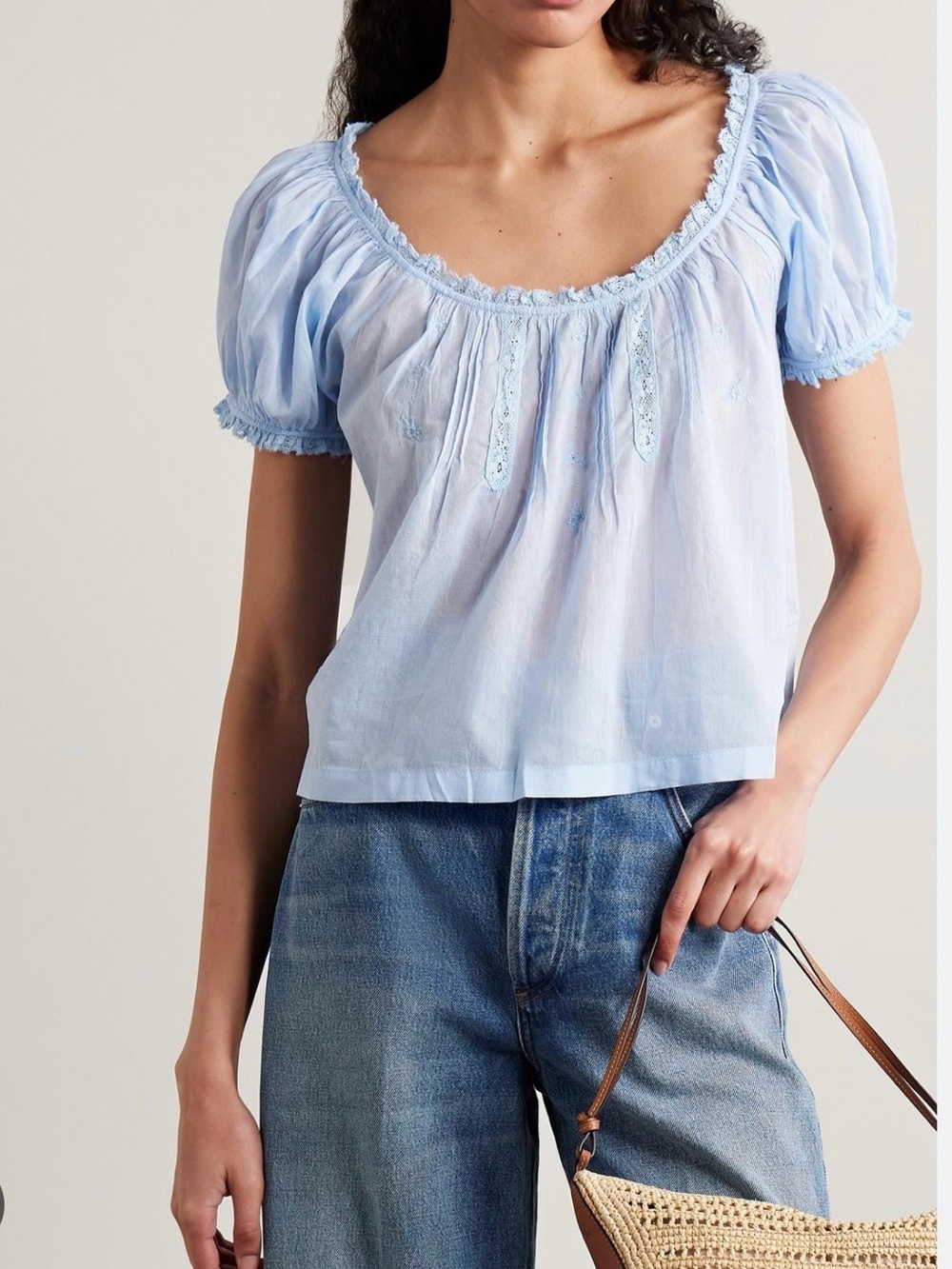 DÔEN Frederica Lace-trimmed Organic Cotton-voile Blouse - ice Blue/ xxs/ NWT